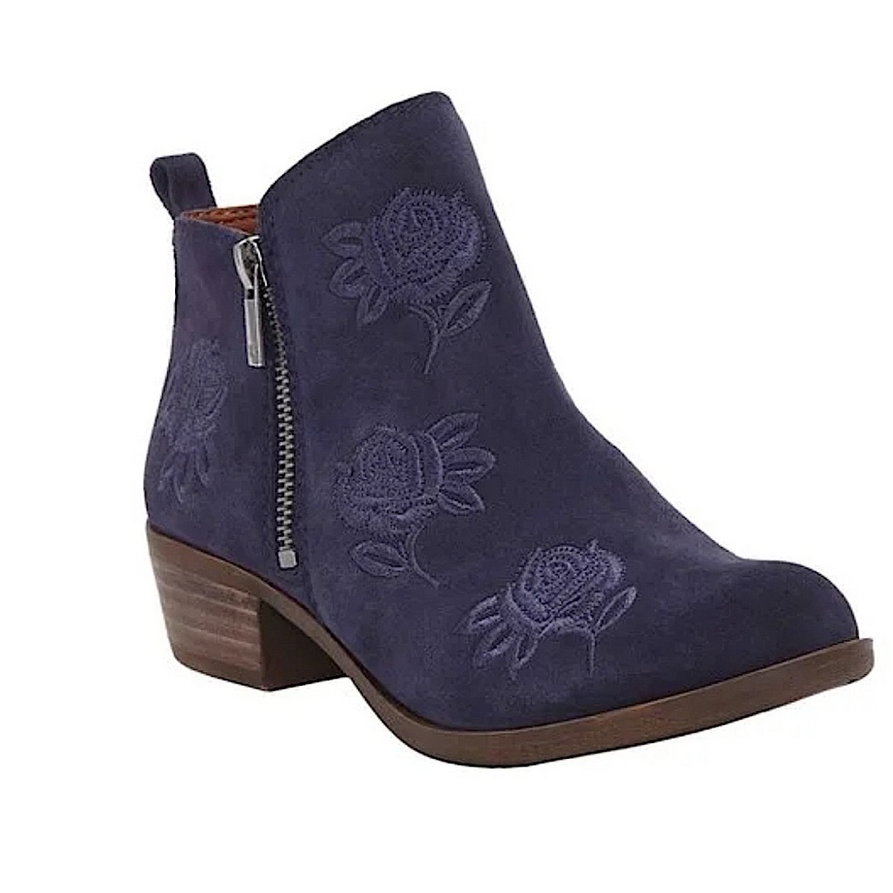 Lucky Brand Size 6 Navy Suede Floral Embroidered Ankle Boots Side Zip Western